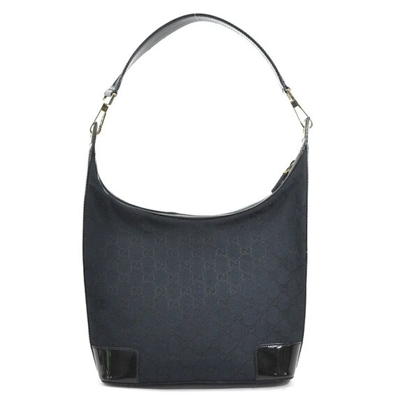 Auth GUCCI Shoulder Bag Black GG Canvas/Patent Leather/Goldtone - Picture 1 of 15